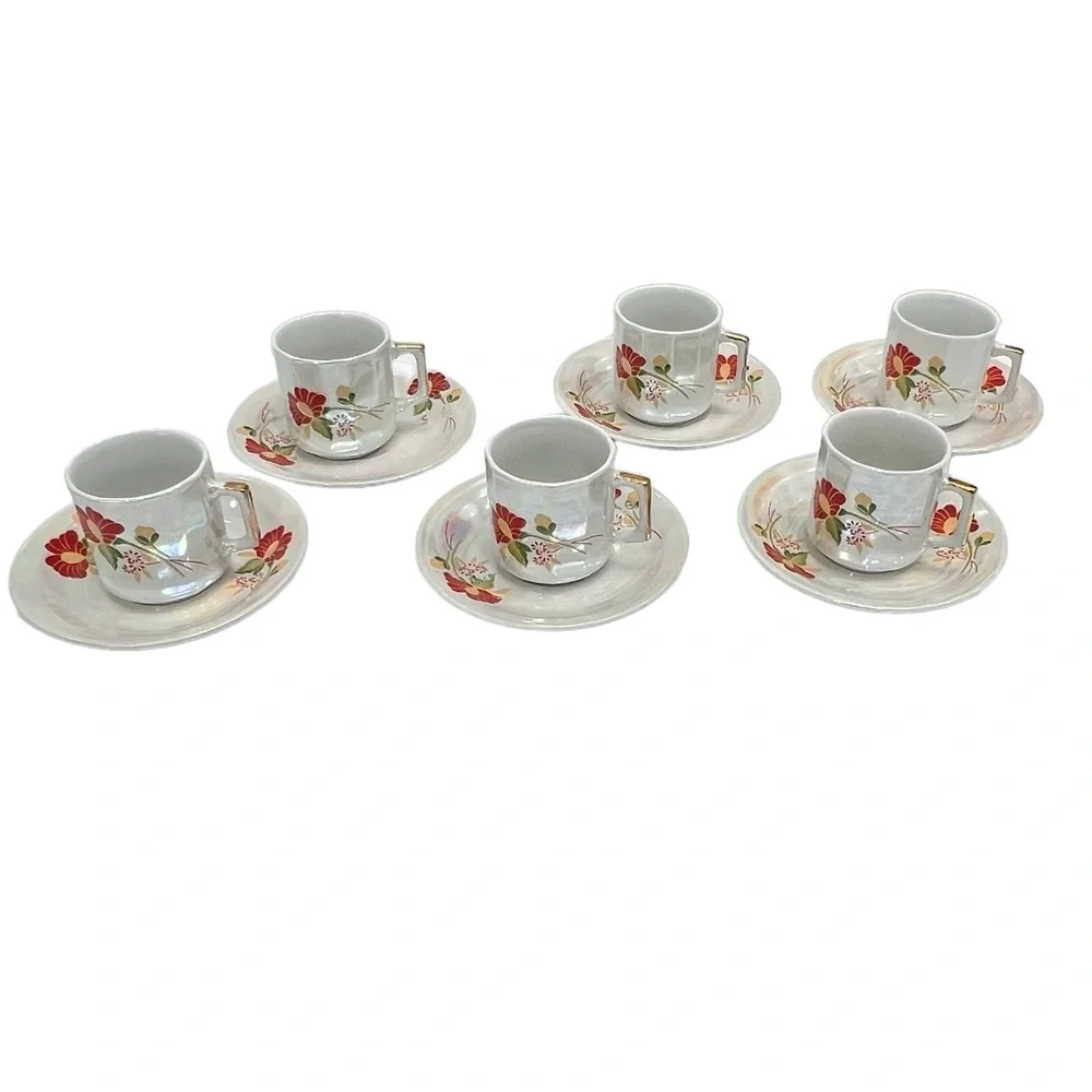 VINTAGE WAHBEH OF CHINA RED FLORAL LUSTERWARE CUPS & SAUCERS - SET OF 6